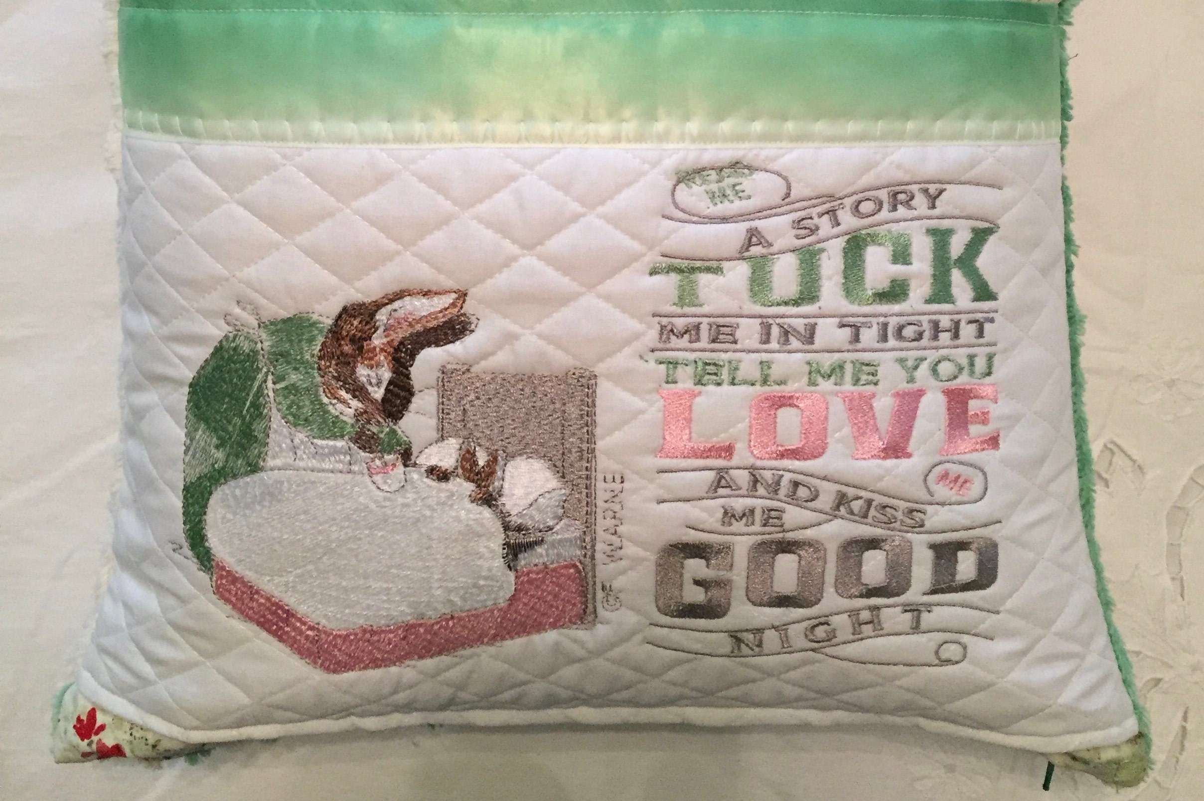 Pocket pillow embroidered bunny pillow child reading pillow zip close